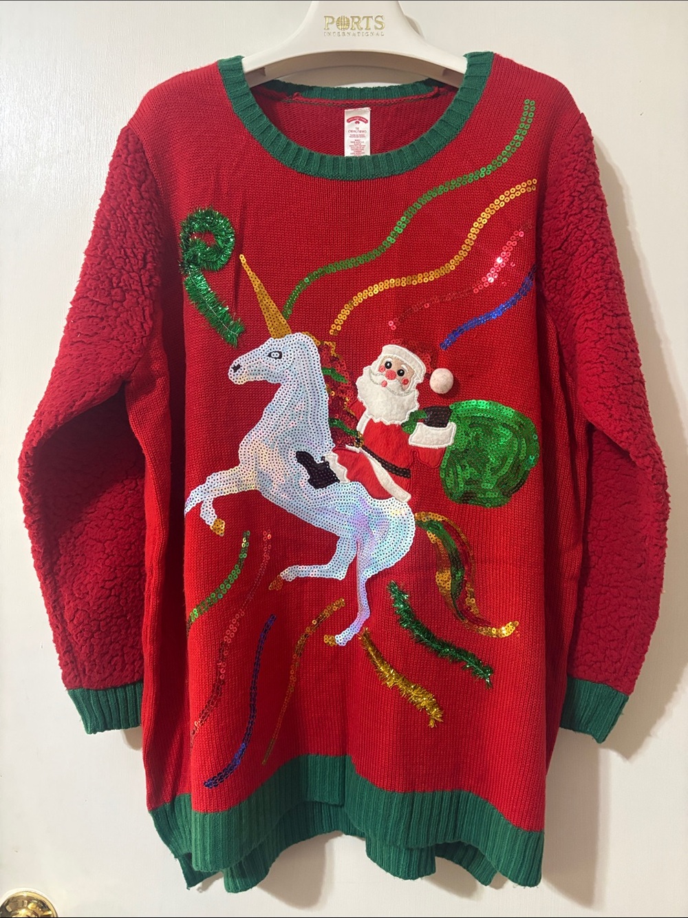 Holiday Time Festive Red Santa Unicorn Sequin Sweater 1X